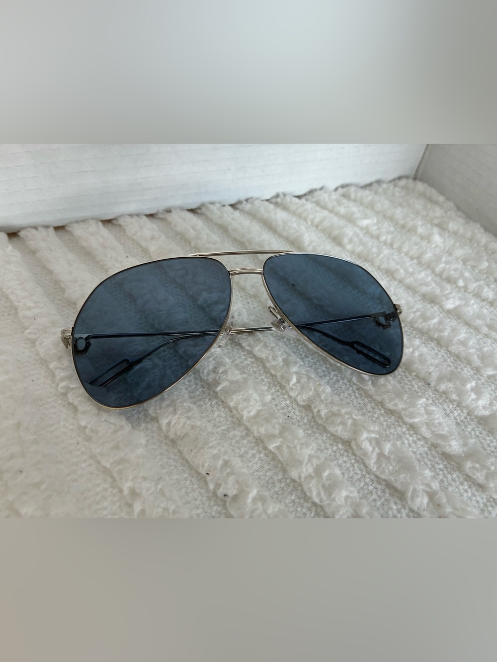 Cartier Silver Aviator Sunglasses with Dark Blue Lenses